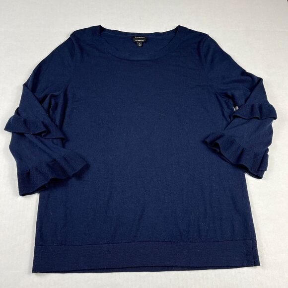Talbots Merino Wool Classic Sweater Blue Ruffled 3/4 Sleeve Work Pullover LARGE - Picture 1 of 10